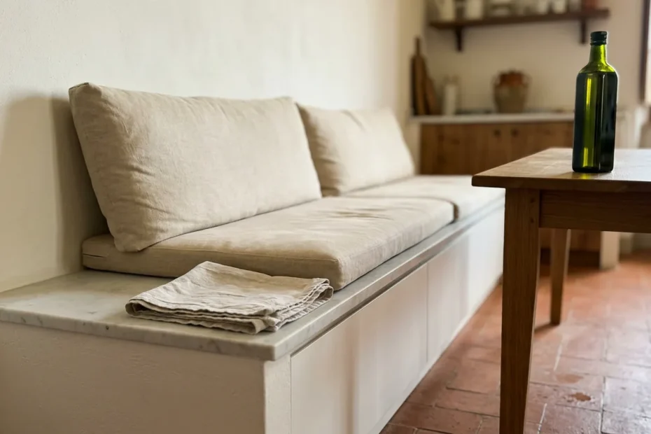 Cucina più comoda e ordinata: il trucco della panca in muratura che batte le sedie